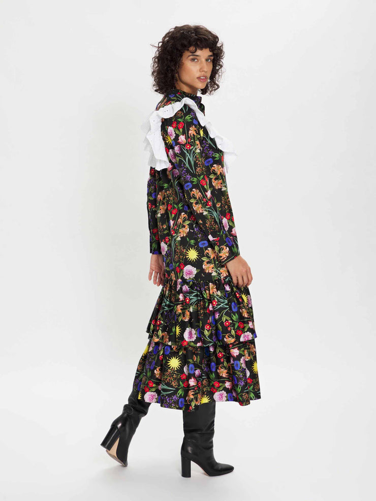 Baxley orange, yellow & blue flower printed 100% cotton midi dress by Borgo de Nor. A collarless shirt dress with a white broderie anglaise bib | Collagerie.com