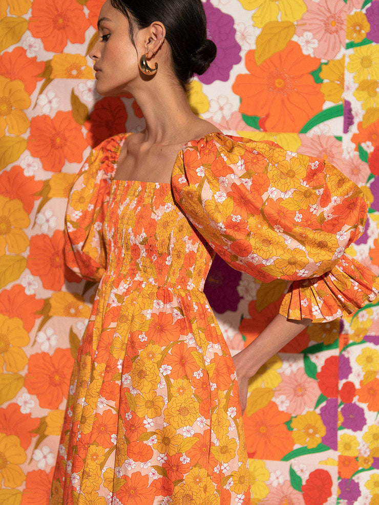 Orange Artemis flower printed midi dress