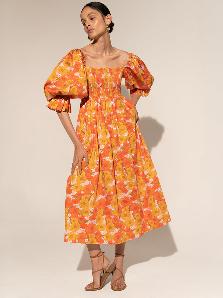 Orange Artemis flower printed midi dress