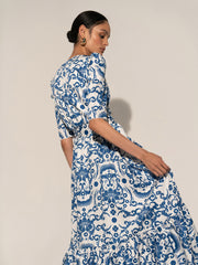 Blue and white printed esme cotton maxi dress