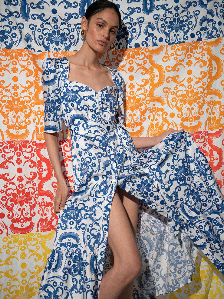 Blue and white printed esme cotton maxi dress