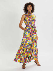 Brooke multi coloured cotton summer maxi dress with sunflower print by Borgo de Nor. Dress has a buttoned front and a high neck with belt | Collagerie.com