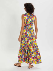 Brooke multi coloured cotton summer maxi dress with sunflower print by Borgo de Nor. Dress has a buttoned front and a high neck with belt | Collagerie.com