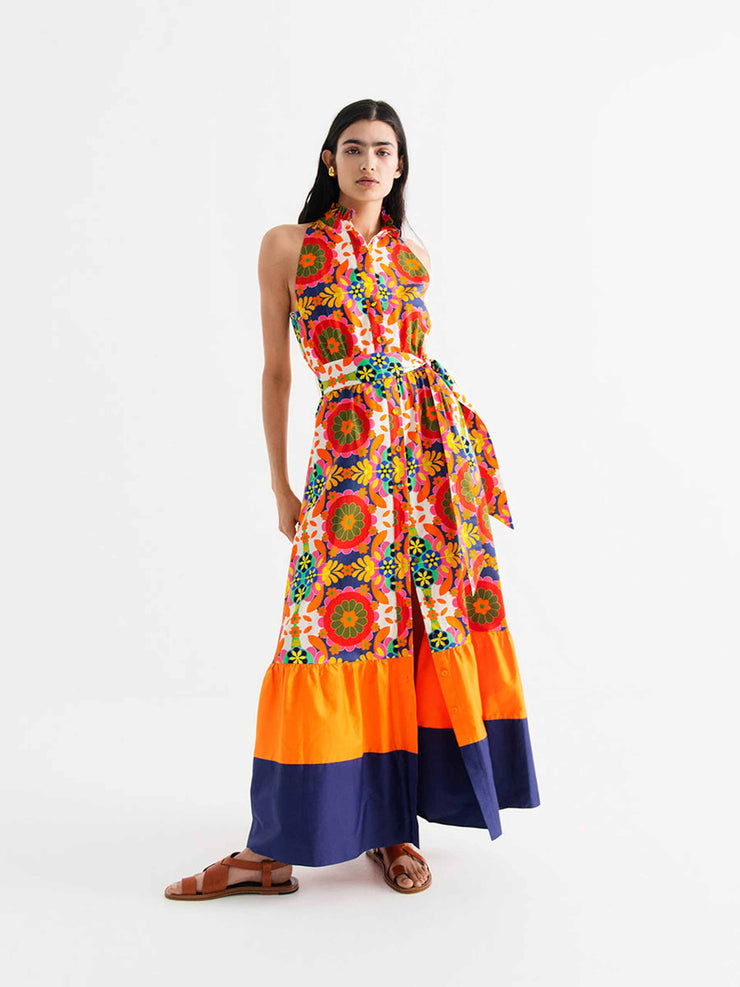 Biba orange halter neck cotton cut maxi dress by Borgo de Nor. Made from 100% cotton with a buttoned front. Perfect summer dress | Collagerie.com