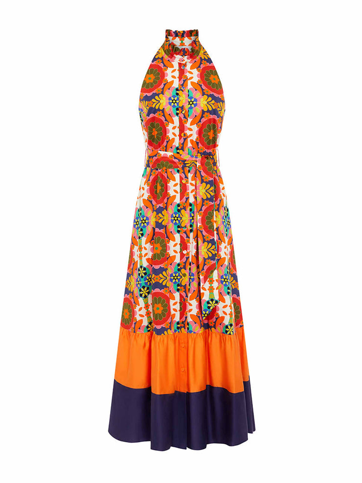 Biba orange halter neck cotton cut maxi dress by Borgo de Nor. Made from 100% cotton with a buttoned front. Perfect summer dress | Collagerie.com