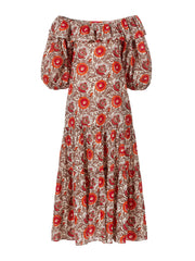 Beautiful hand-blocked fabric off shoulder dress by Rae Feather. Brown, orange and red dress perfect for the Summer and holiday | Collagerie.com