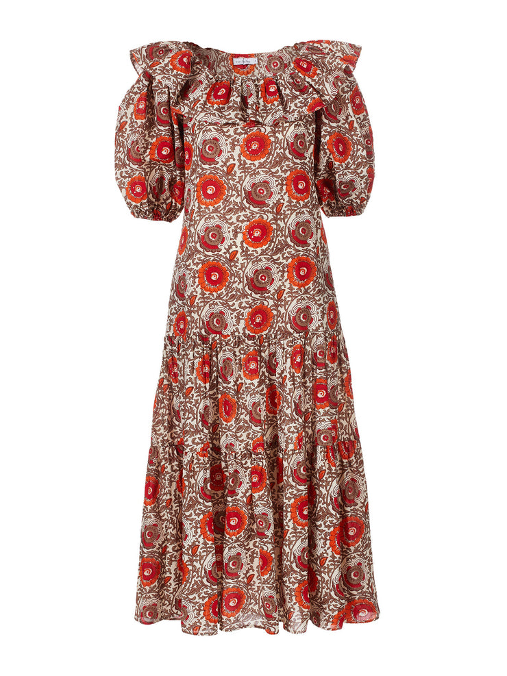 Beautiful hand-blocked fabric off shoulder dress by Rae Feather. Brown, orange and red dress perfect for the Summer and holiday | Collagerie.com