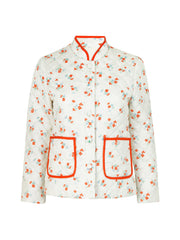 White floral quilted cotton jacket by Yolke. Red and green floral print on white jacket. Made from 100% cotton. Lightweight spring or summer jacket | Collagerie.com
