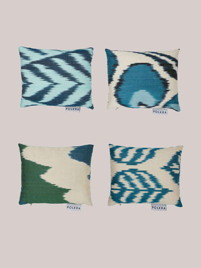 Polkra Bundle of 4 blue ikat silk & ottoman fabric lavender bags at Collagerie