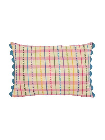 Wicklewood Guatemalan pink gingham and green reversible oblong cushion at Collagerie