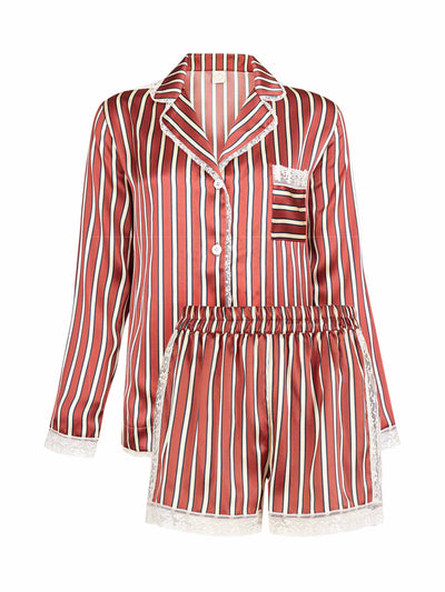 Morpho + Luna Maroon and white striped cara silk pyjama set at Collagerie