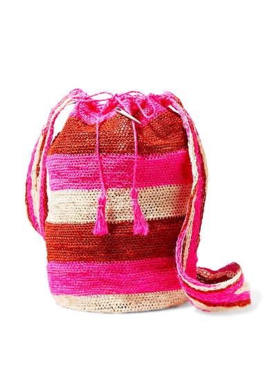 Muzungu Sisters Red and pink fique mochila bucket bag at Collagerie