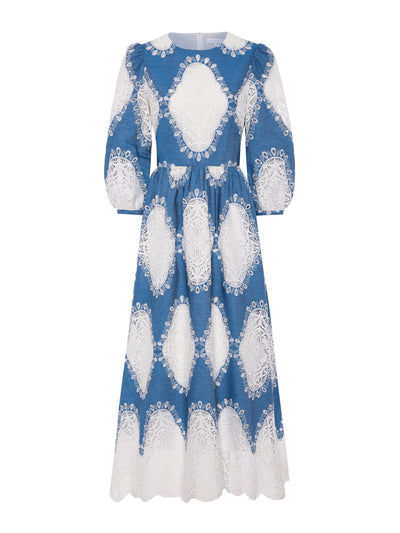 Borgo De Nor Constance broderie anglaise midi dress, lace and denim at Collagerie