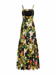 Cordelia black floral maxi dress by Borgo de Nor. Square neckline black dress with lemon and pink and white flower print | Collagerie.com