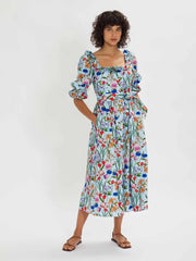Corina blue multi coloured floral midi dress by Borgo de Nor. A ruffled square neckline, elegantly puffed sleeves and adjustable belt | Collagerie.com