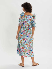 Corina blue multi coloured floral midi dress by Borgo de Nor. A ruffled square neckline, elegantly puffed sleeves and adjustable belt | Collagerie.com