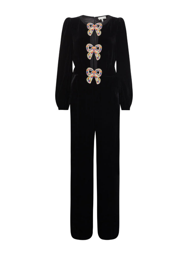 Camille velvet embellished bows jumpsuit in black with rainbow bows