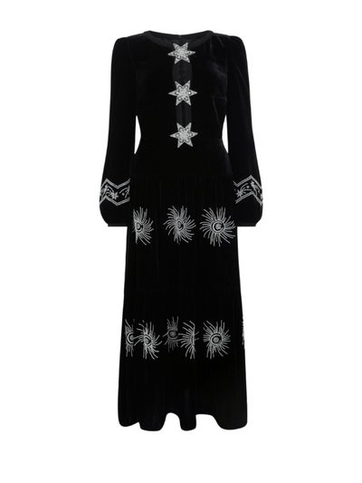 Saloni Camille B embellished pearl stars velvet dress in black at Collagerie