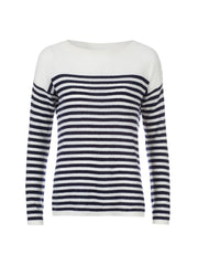 Cashmere navy and cream striped Henley jumper by Rae Feather. Shoulder button detail and extended length on the sleeves. Perfect with jeans or shorts | Collagerie.com