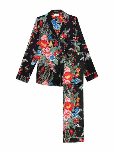Yolke Black silk floral pyjamas at Collagerie