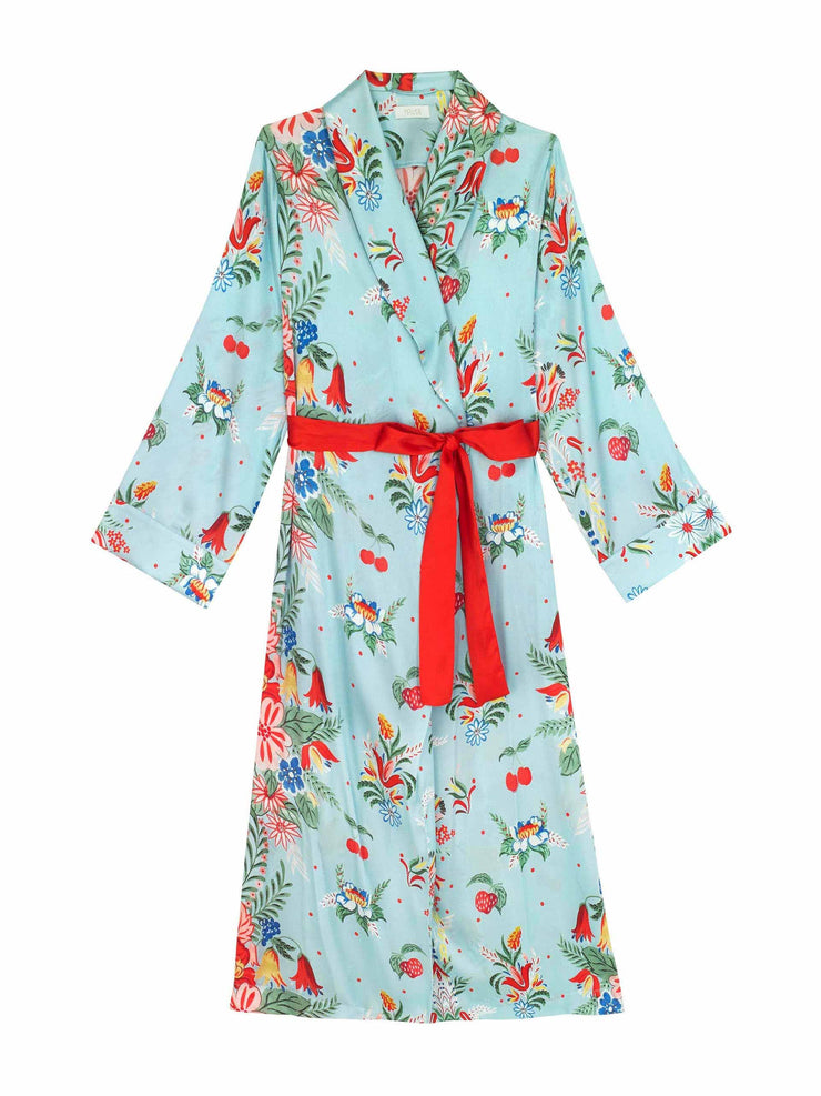 Blue silk floral dressing gown with red sash