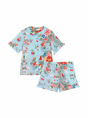 Blue floral silk top and shorts pyjama set