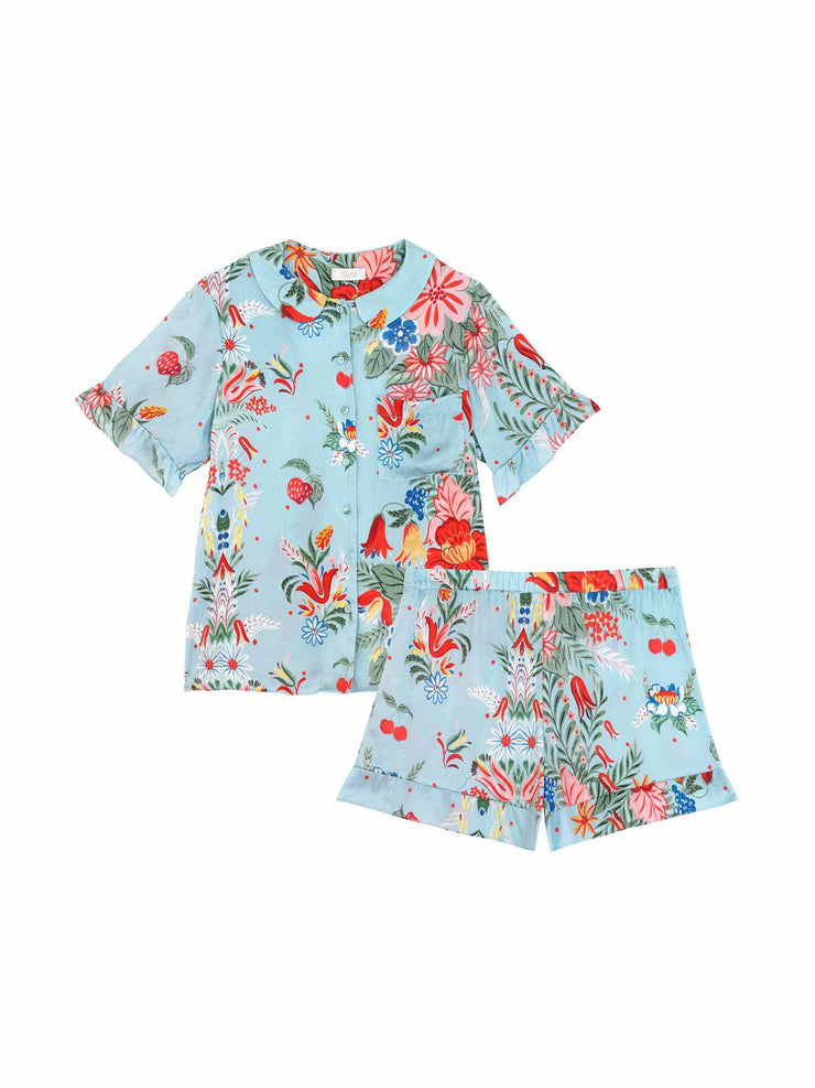 Blue floral silk top and shorts pyjama set