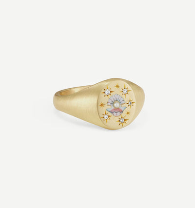 Cece Jewellery Clam & pearl gold hand-painted enamel ring at Collagerie