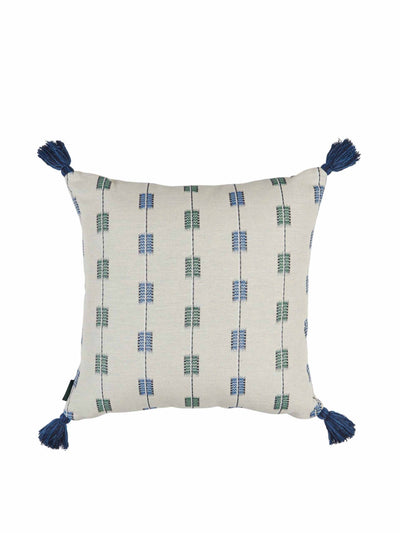 Penny Morrison Mander light blue and zig-zag stripe azure square cushion with blue tassels at Collagerie