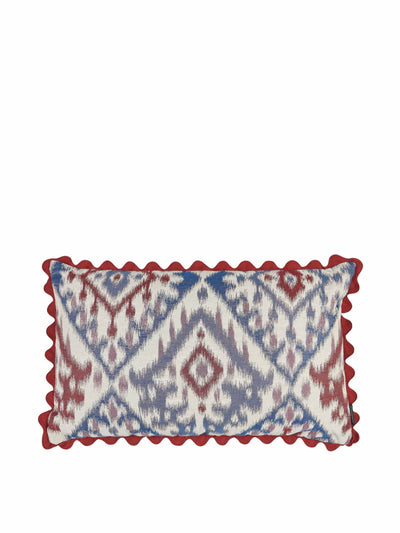 Penny Morrison Limited edition blue ikat and raspberry and gold ticking stripe cushion with red wavy trim at Collagerie