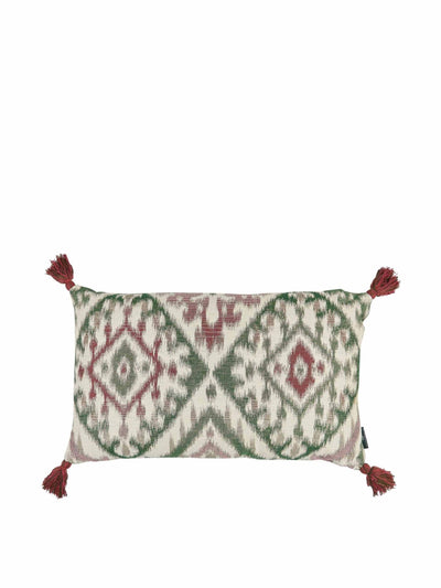 Penny Morrison Limited edition green and red ikat and raspberry and gold ticking stripe gold cushion with red and green tassels at Collagerie