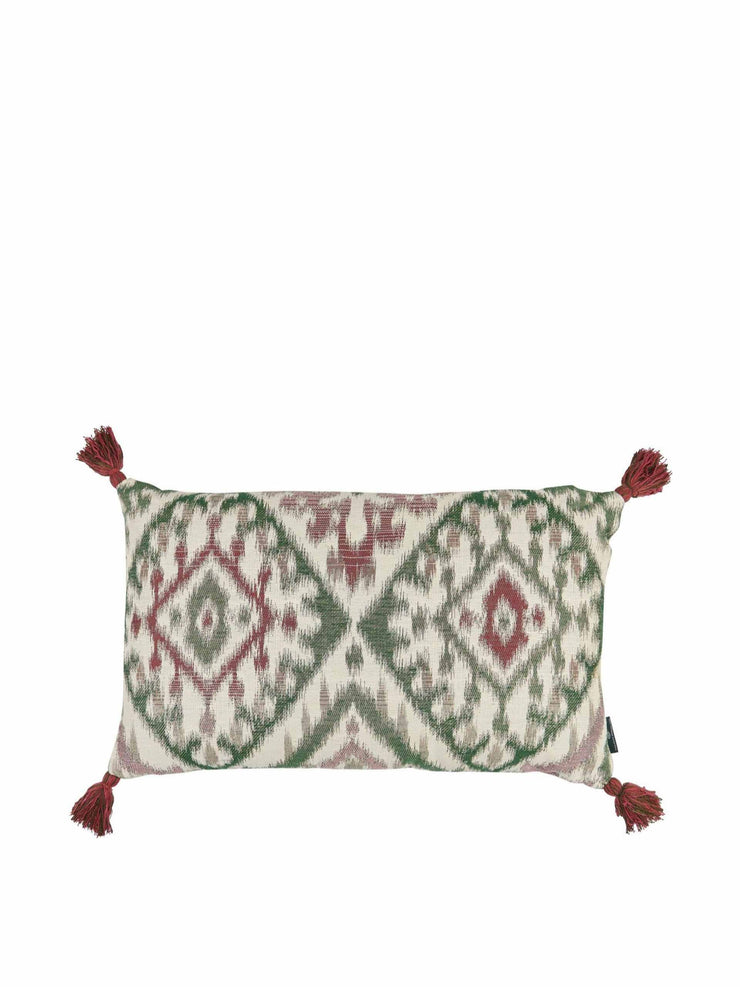 Limited edition green and red ikat and raspberry and gold ticking stripe gold cushion with red and green tassels