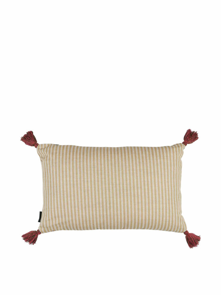 Limited edition green and red ikat and raspberry and gold ticking stripe gold cushion with red and green tassels