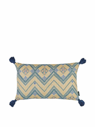 Penny Morrison Limited edition gold blue yellow mosaic with mustard striped cushion with blue tassels at Collagerie