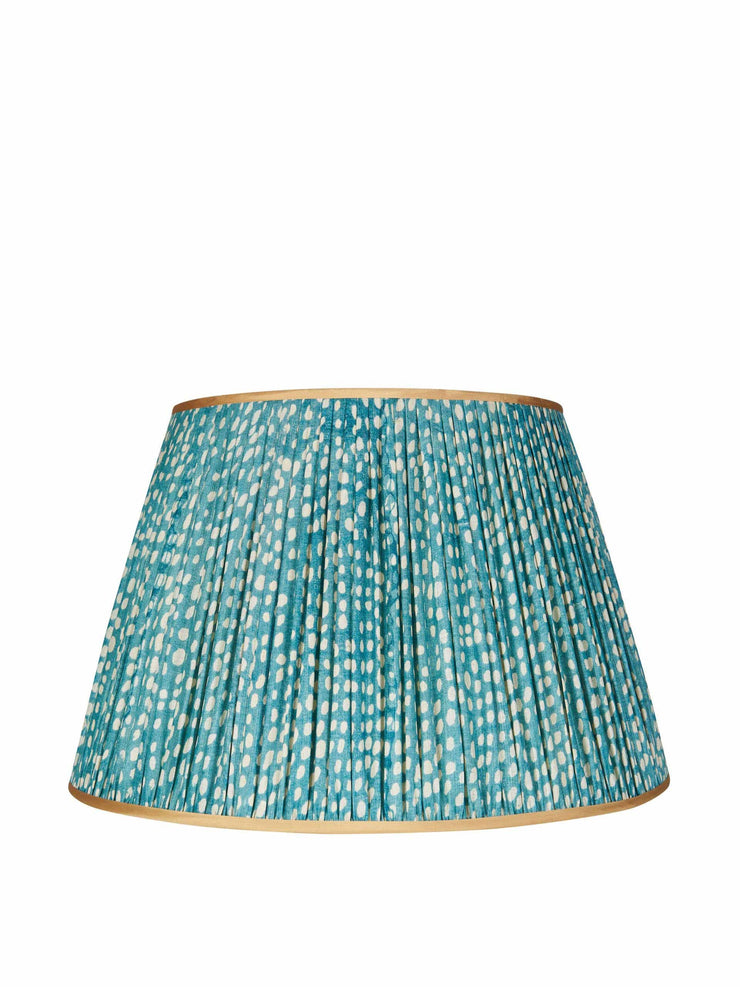 Limited edition blue and white spotted pleated silk lampshade with gold trim