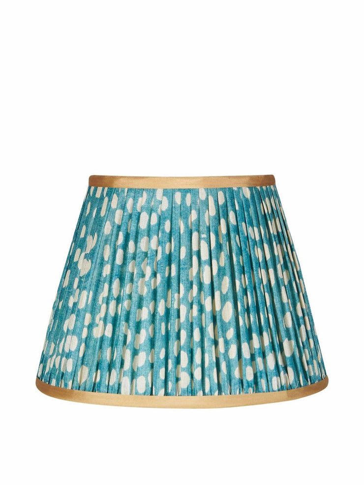 Limited edition blue and white spotted pleated silk lampshade with gold trim