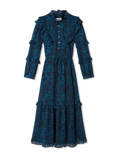 Cefinn Tilly long sleeve blue marble print midi dress at Collagerie