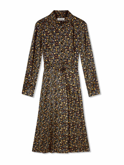 Cefinn Georgie floral black and yellow print pleated midi shirt dress at Collagerie