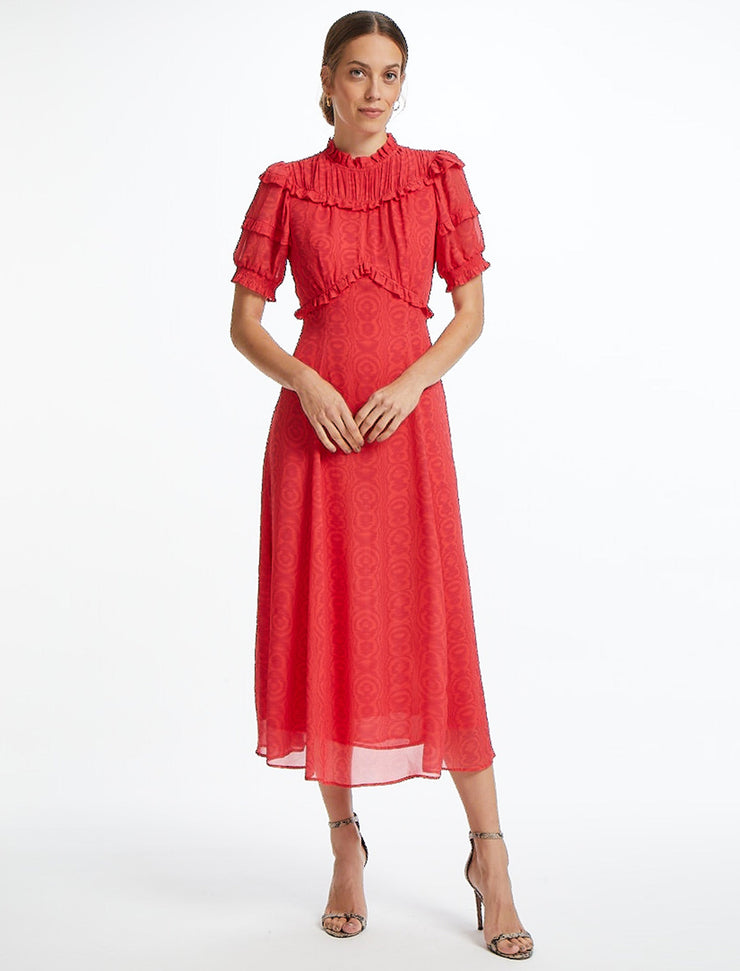 Voletta short-sleeve frill red printed dress