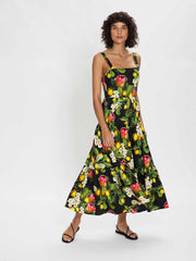 Daniela black multi 100% cotton floral midi dress by Borgo de Nor. Fitted bodice and tiered skirt with a lemon and flower print | Collagerie.com