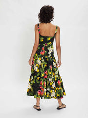 Daniela black multi 100% cotton floral midi dress by Borgo de Nor. Fitted bodice and tiered skirt with a lemon and flower print | Collagerie.com