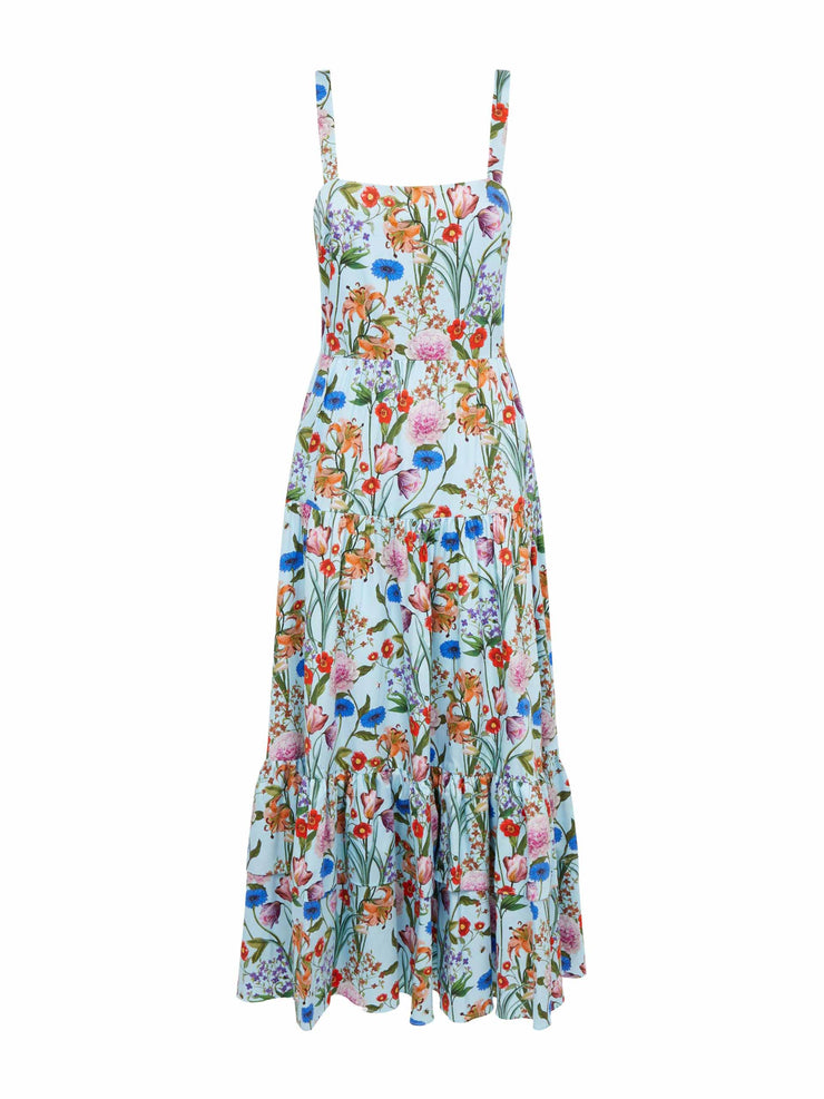 Daniela blue multi 100% cotton floral midi dress by Borgo de Nor. Fitted bodice and tiered skirt with a lemon and flower print | Collagerie.com