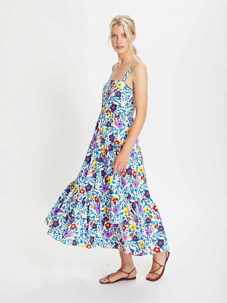 Daniela blue multi floral pop midi dress by Borgo de Nor. 100% cotton square necked dress with a purple, yellow and red flower print | Collagerie.com