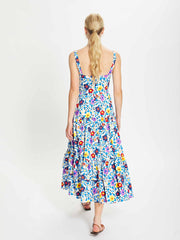 Daniela blue multi floral pop midi dress by Borgo de Nor. 100% cotton square necked dress with a purple, yellow and red flower print | Collagerie.com