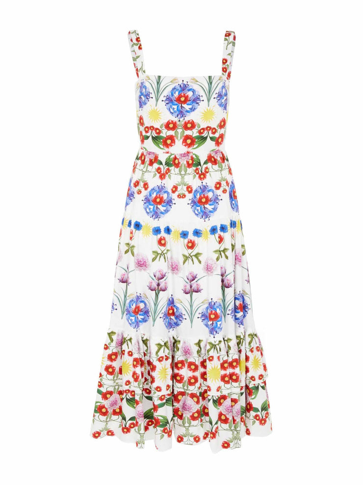 Daniela dream on cotton multi midi dress by Borgo de Nor. 100% cotton neck square neck white dress with red, yellow and blue floral print | Collagerie.com