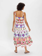 Daniela dream on cotton multi midi dress by Borgo de Nor. 100% cotton neck square neck white dress with red, yellow and blue floral print | Collagerie.com