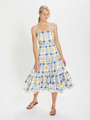 Daniela yellow, blue and white cotton midi dress by Borgo de Nor. 100% cotton square neckline dress with peony flower print | Collagerie.com