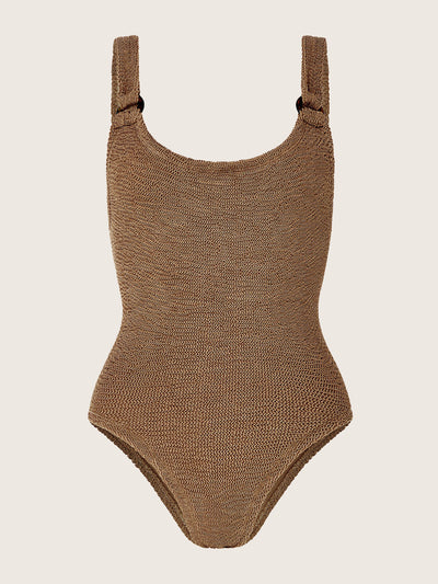 Hunza G Metallic cocoa Domino scoop swimsuit at Collagerie