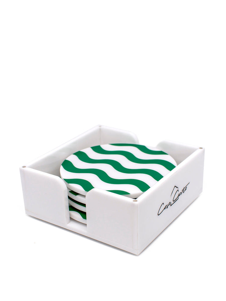 Set of 4 green and white round coasters