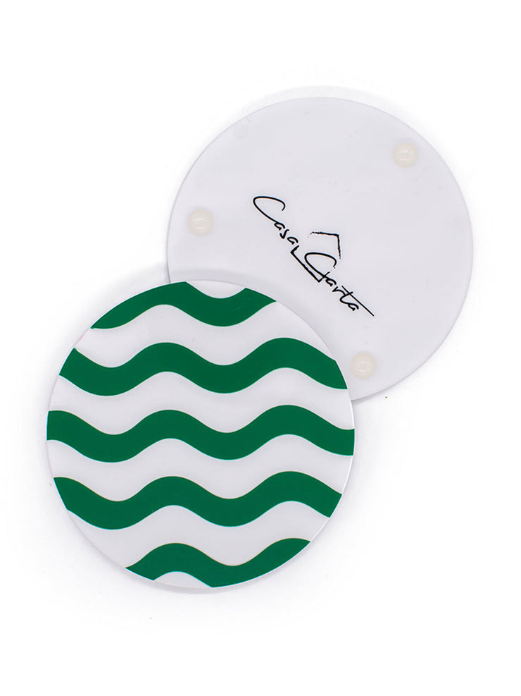 Set of 4 green and white round coasters